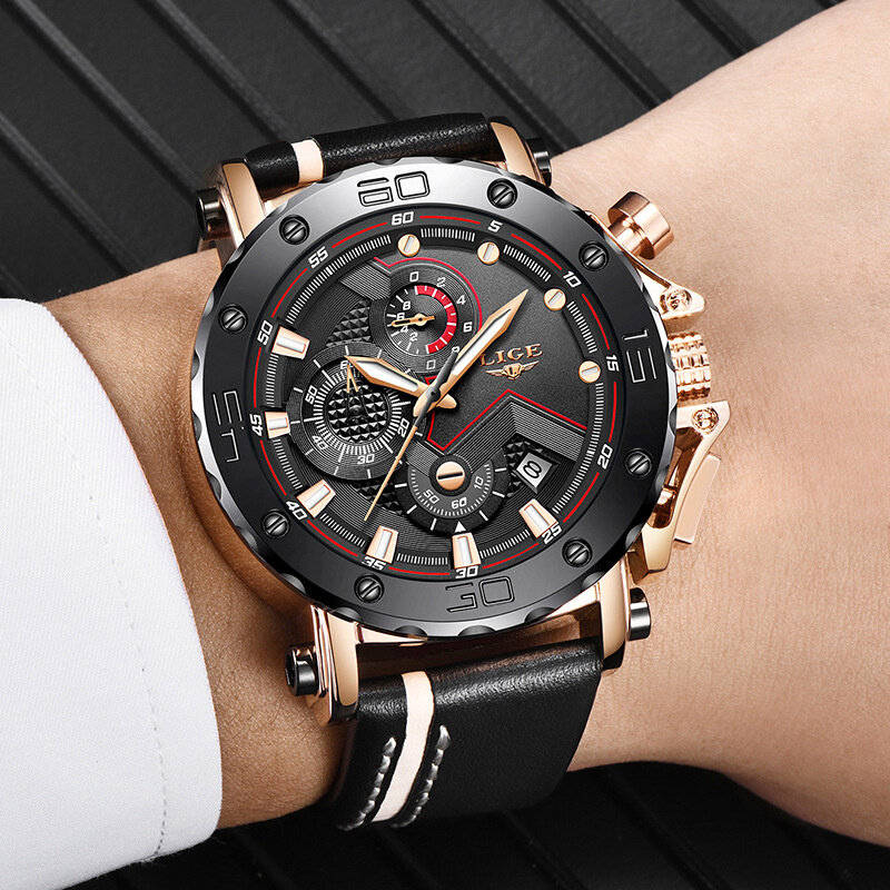Silver+Black - LIGE Men's Luxurious Fashion Quartz Watch Calendar Multifunction Waterproof Watch Chr