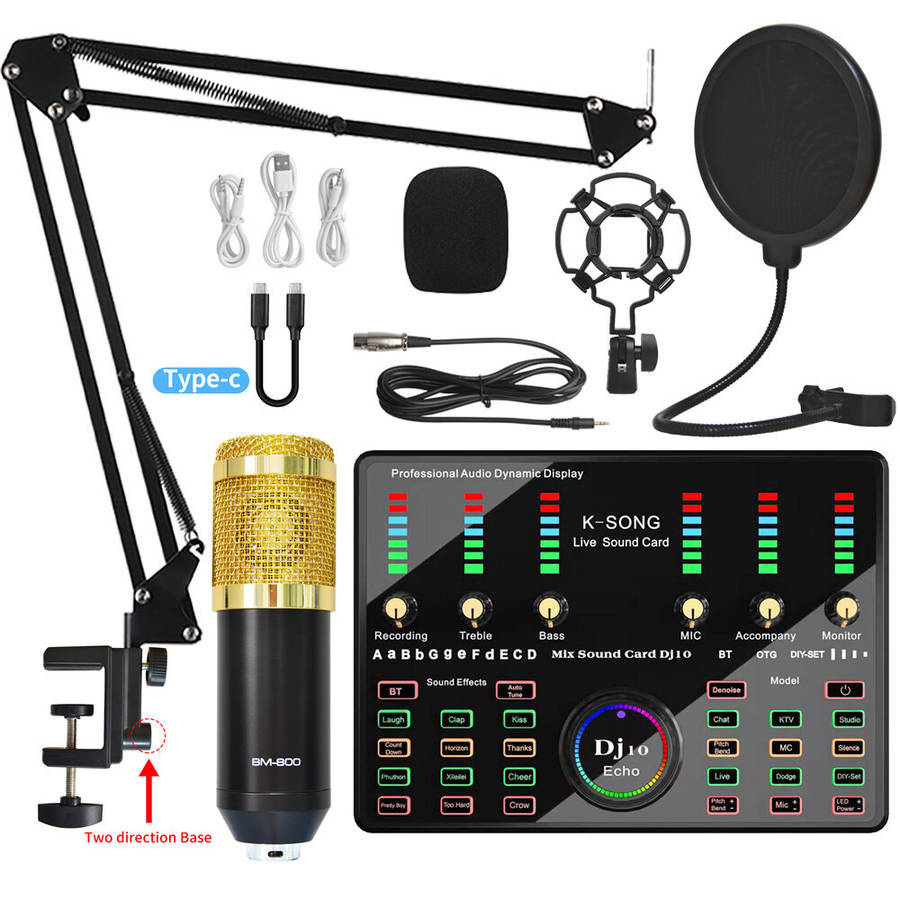 A - Microphone Sound Recording Microphone Kit With DJ10 Sound Card For Radio Braodcasting Singing Re