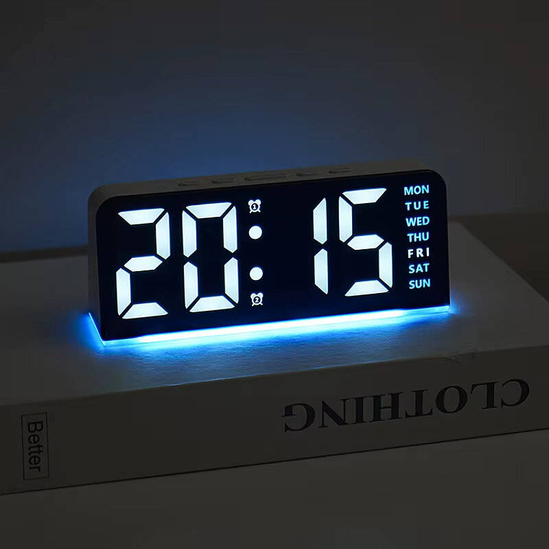 White Shell - Digital Alarm LED Clock Mood Light TEMP Date Week 2 Alarms Snooze Electronic Table Clo