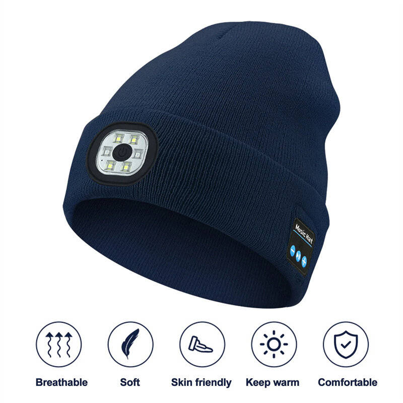 Blue - LED Light Bluetooth Beanie Unisex Warm Knitted Beanie 3 Light Modes Waterproof Rechargeable W