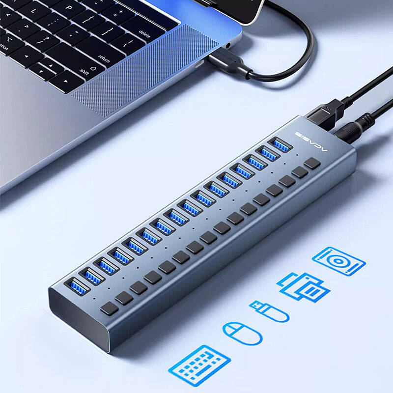 Grey - AKASIS HS-716MG 16-in-1 USB3.0 Hub High Speed 5Gbps Splitter Aluminum Alloy Docking Station w