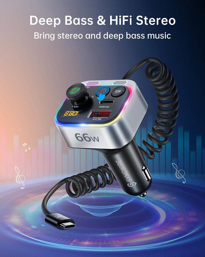 Black - Bluetooth 5.3 FM Transmitter Car Adapter 66W PD & QC 3.0 Fast Charging with USB-C Cable Wire