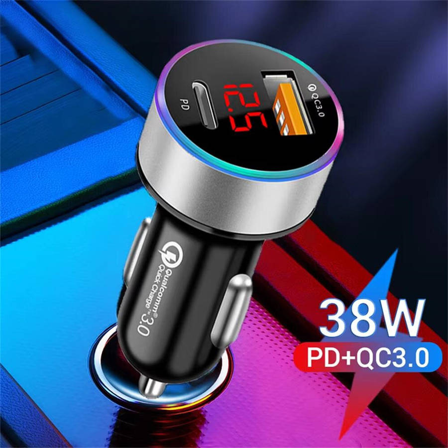 Black - 38W Car Charger PD+USB QC3.0 Quick Charging Phone Charger 12V -24V Lighter Socket with LED V