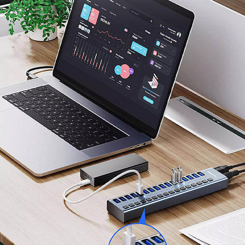 Grey - AKASIS HS-716MG 16-in-1 USB3.0 Hub High Speed 5Gbps Splitter Aluminum Alloy Docking Station w
