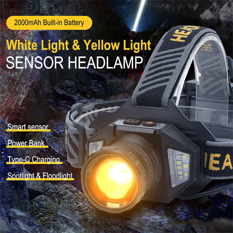 Black - SEEKNITE Smart Sensor Zoomable LED Headlamp, White/Yellow Spotlight/Floodlight Adjusted USB