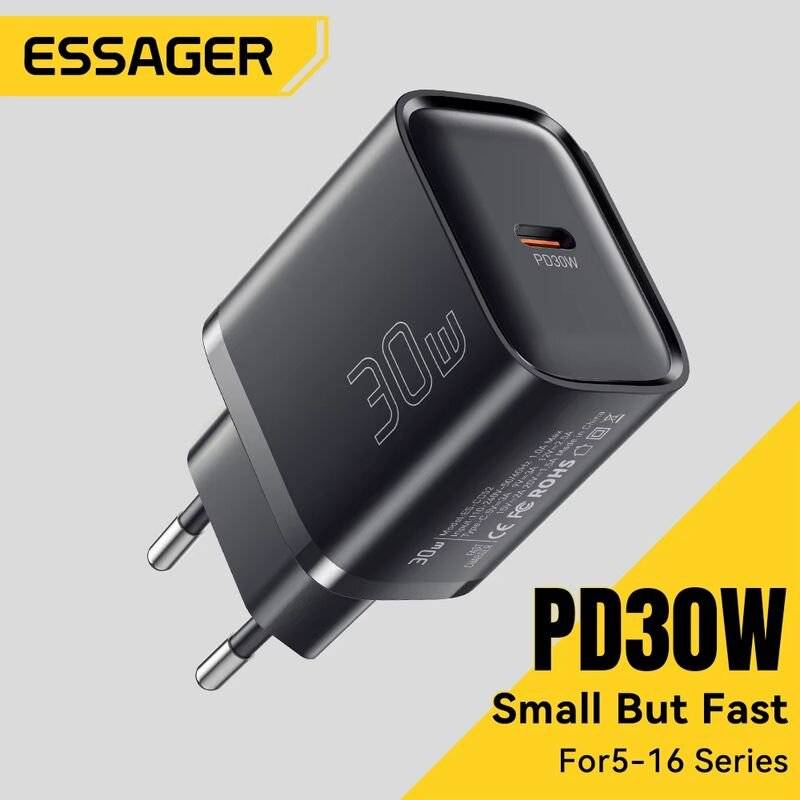 Black - ESSAGER ES-CD52 30W 1-Port USB PD Charger USB-C PD3.0 QC3.0 FCP SCP BC1.2 iP2.4A Fast Chargi