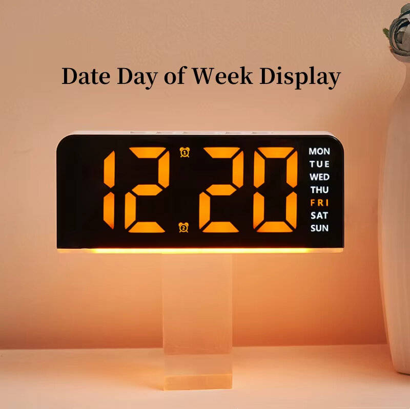 White Shell - Digital Alarm LED Clock Mood Light TEMP Date Week 2 Alarms Snooze Electronic Table Clo