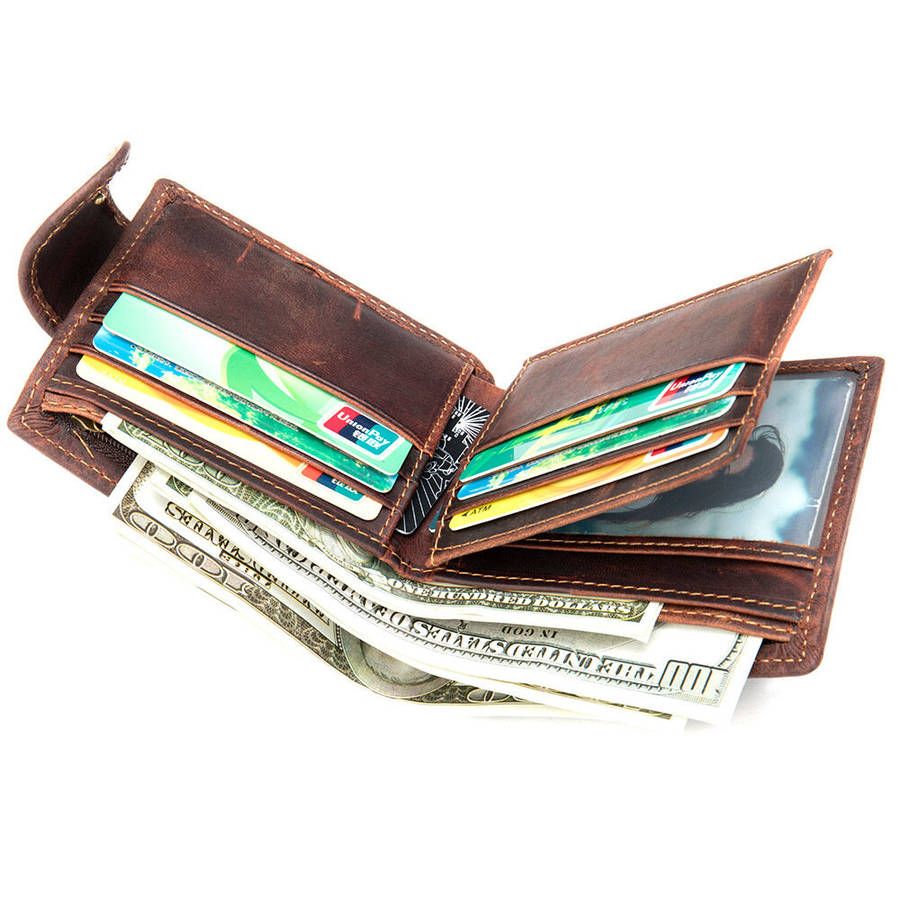 Black - Ekphero Men's Vintage Genuine Leather Short Wallet with Zipper Pocket and Snap Closure Styli
