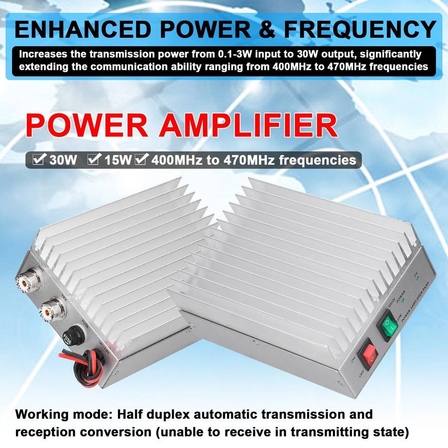 White - 30W Handheld Power Amplifier 15W 30W Adjustable Output Power Half-Duplex Operation Low Recep