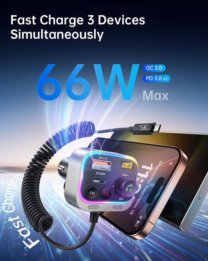 Black - Bluetooth 5.3 FM Transmitter Car Adapter 66W PD & QC 3.0 Fast Charging with USB-C Cable Wire