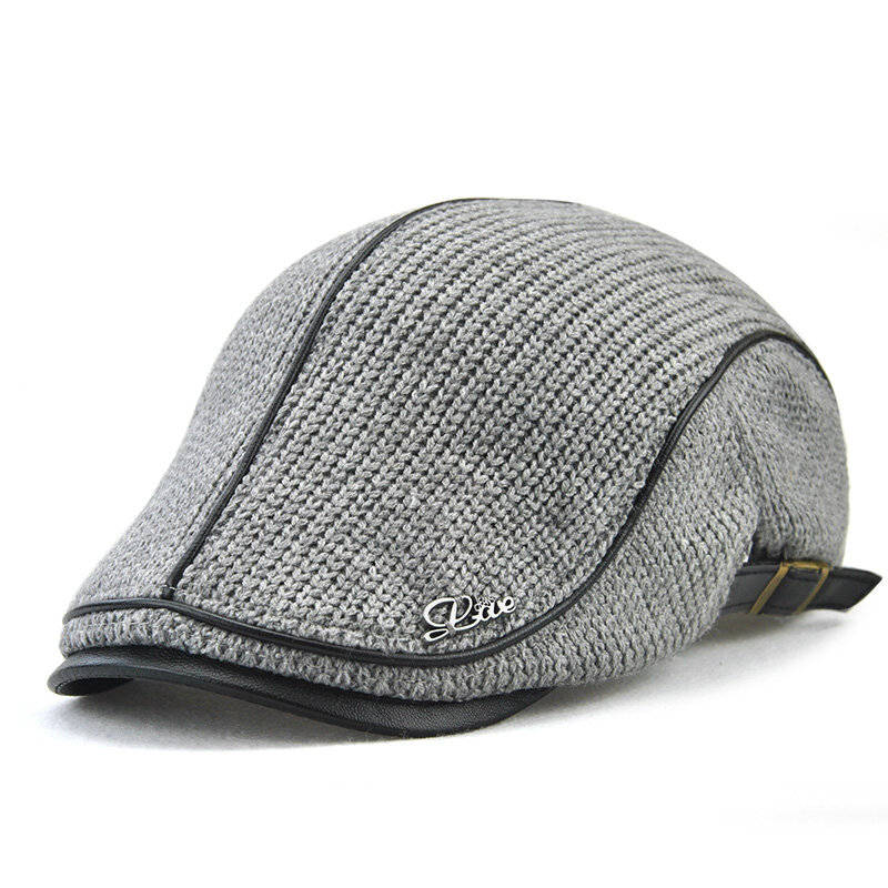 Grey - Collrown Knitted Berets Patchwork Leather Brim Men Flat Cap Retro Visor Hat Autumn Winter War