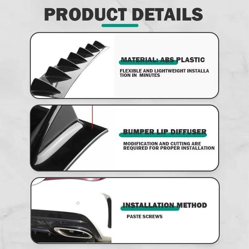 Gloss Black - 3pcs Set Spoiler General Shark Fin Kit Three-Section Universal Car Rear Bumper Lip 7-F