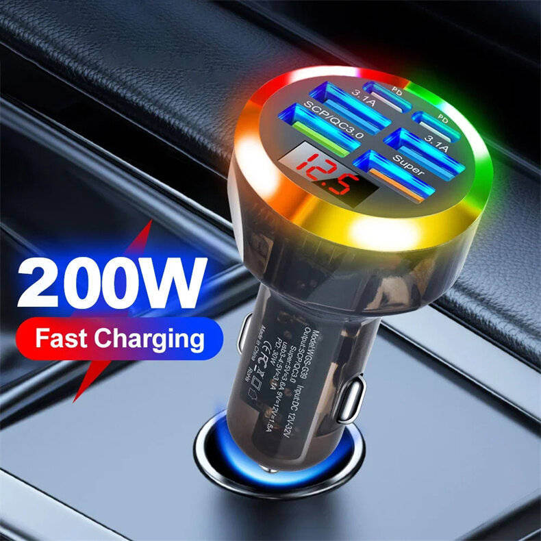 Black - 200W 6-Port USB PD Car Charger Adapter 4USB-A+2USB-C Support PD QC3.0 SCP FCP BC1.2 Fast Cha