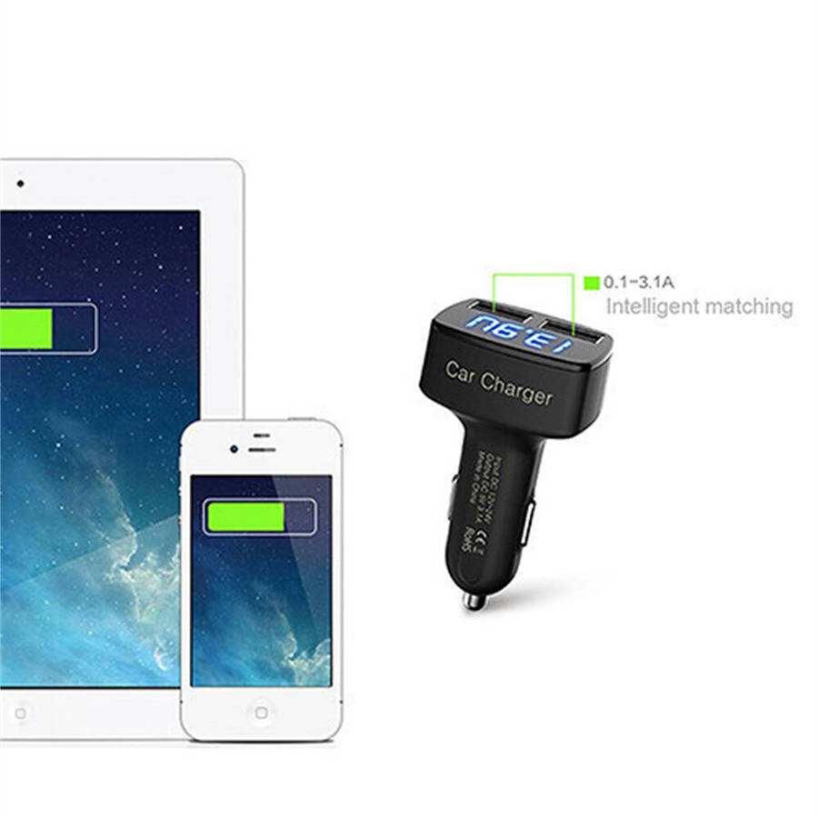 Black - 4 In 1 Car Charger Quick Charge 3.1A Dual Usb LCD Display with Temperature/voltage/current M