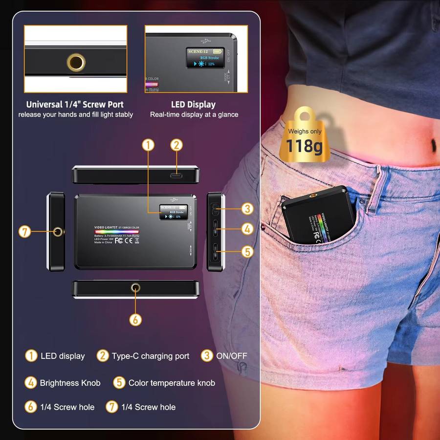 ST-120 RGB LED Video Light Full Color Output Camera Lamp Dimmable 2500K-9000K Bi-Color Panel Light f