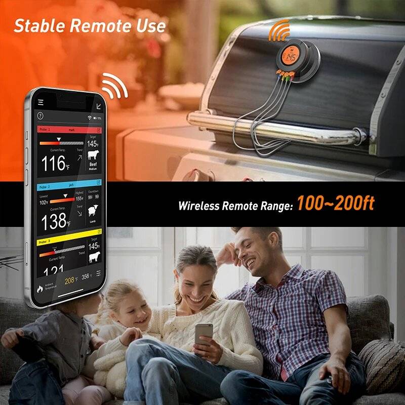 Smart Digital Bluetooth Food Cooking Waterproof IP54 Bluetooth Wireless BBQ Remote Thermometer Probe