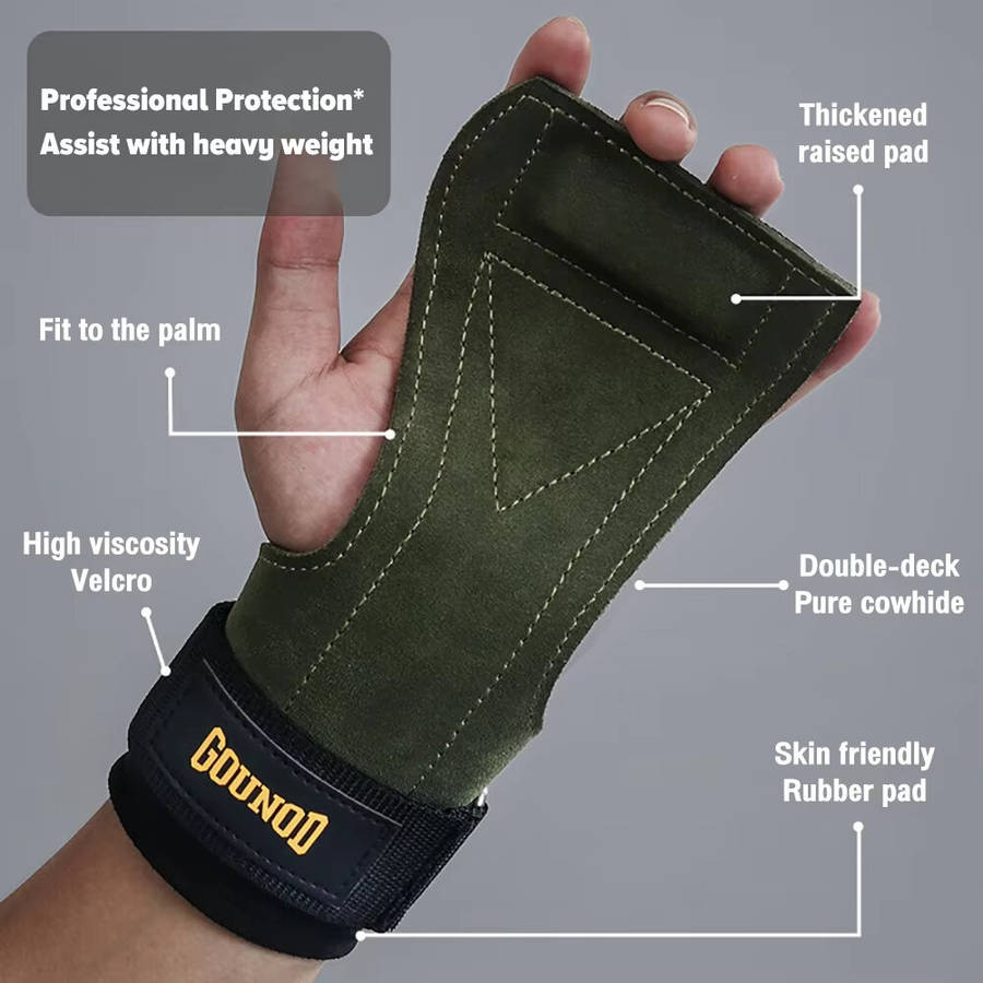 Black - GOUNOD 1Pair Cowhide Sports Fitness Non-slip Palm Wrist Protection Grip Pads for Gym Weightl