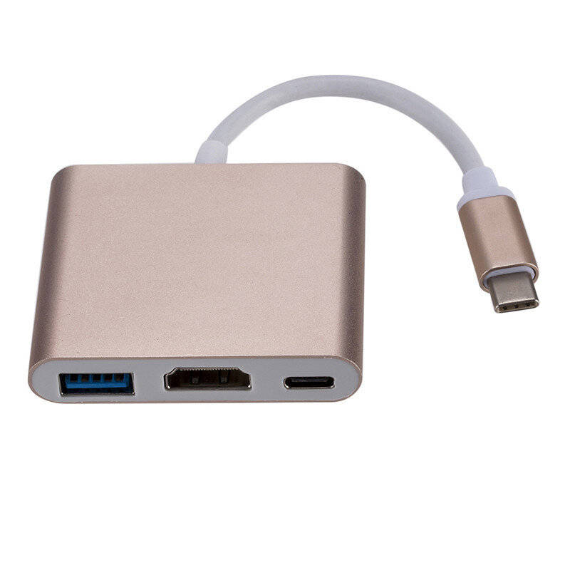 Silver - USB 3.1 Converter USB-C to HD Adapter Hub 3-in-1 Type-C to HDMI/USB 3.0/Type-C Aluminum for