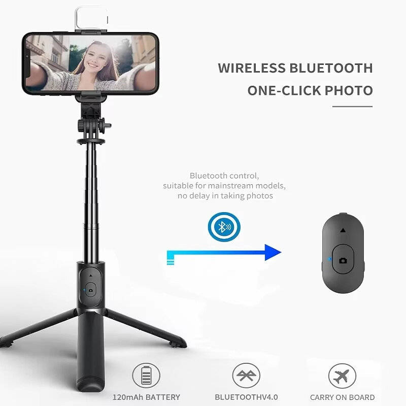 White - Q02S bluetooth Selfie Stick with Fill Light Longer Length Universal Phone Holder for Live St