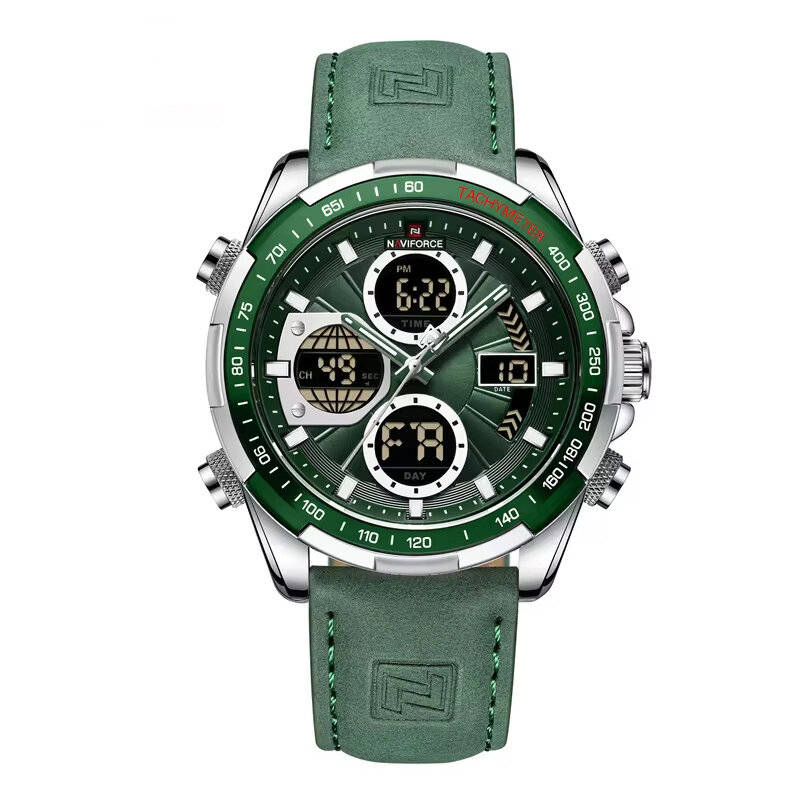 Green - NAVIFORCE Men Multifunctional Quartz Watch Fashion Genuine Leather Strap Sports Watch Exquis