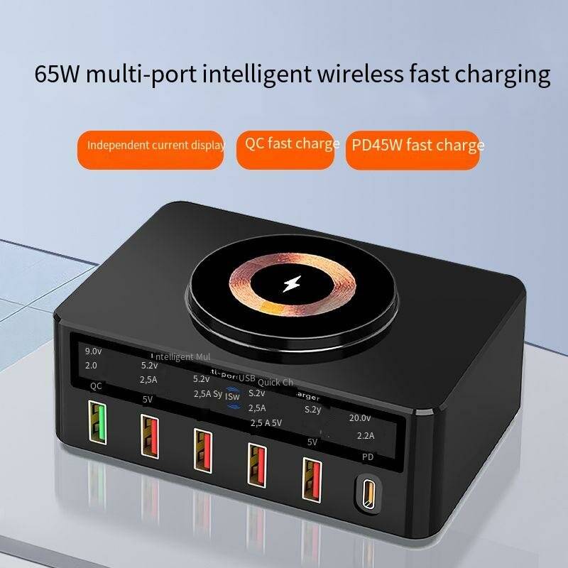 WLX-818H 65W 6-Port USB PD Charger 5USB-A+USB-C PD QC3.0 Fast Wireless Charger Desktop Charging Stat