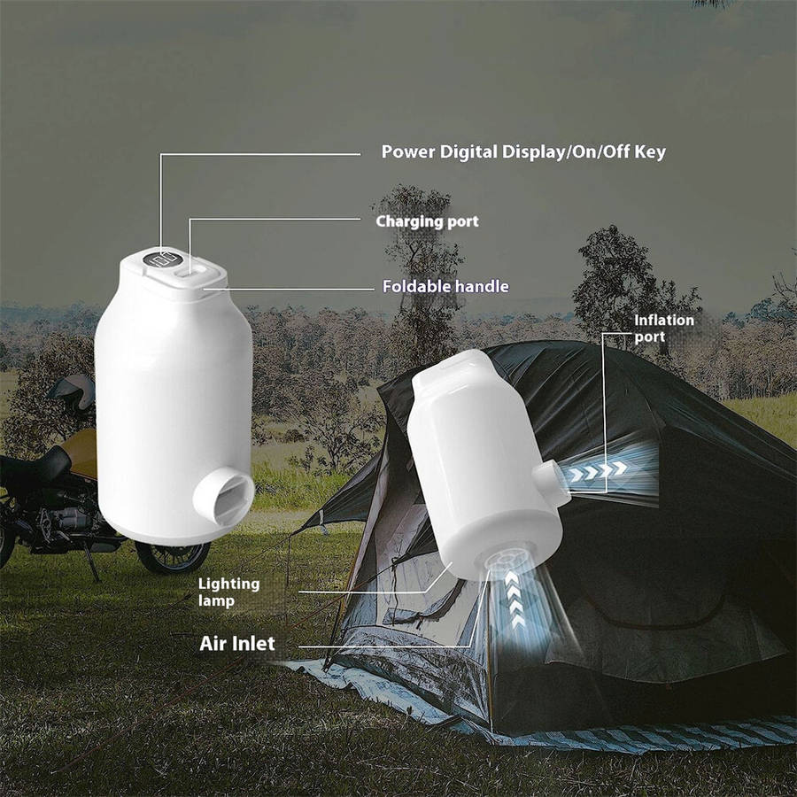 White - IPRee 3 in 1 Electric Air Pump With Battery For Inflatable Bed, Vacuum Bags, 5 Camping Nozzl
