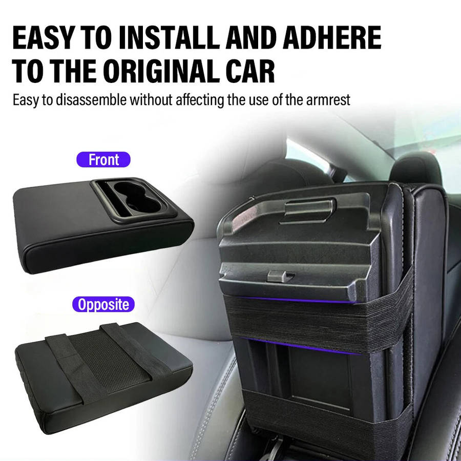 Black - Car Center Console Armrest Cushion with 2 Cup Holders PU Leather Portable Car Armrest Pillow