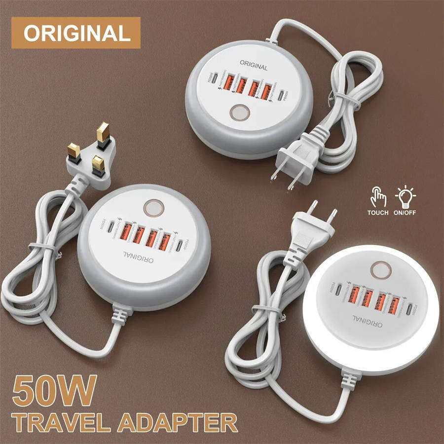 US Plug - 50W 6-Port USB PD Charger 4USB-A+2USB-C PD Fast Charging Power Strip with Touch Light EU P
