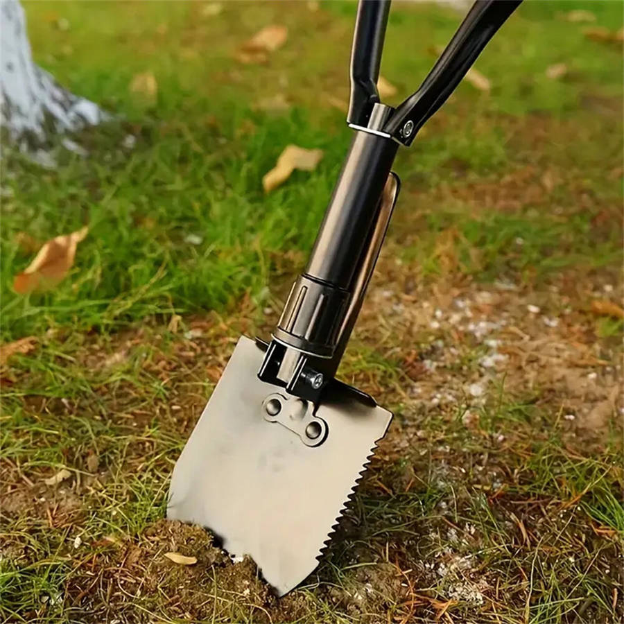 Army Green - IPRee Outdoor Folding Shovel Steel Multifunctional Camping Tool Survival Shovel With St