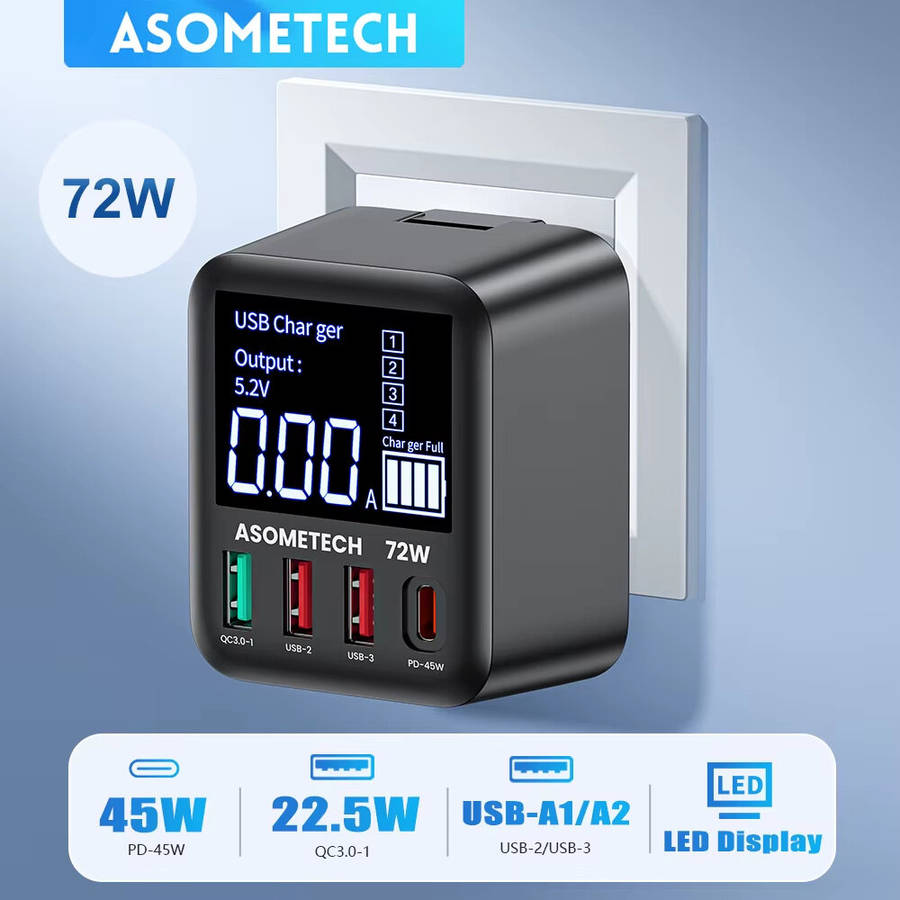 EU Plug - [GaN Tech] WLX-A9T 72W 4-Port USB PD Charger 3USB-A+USB-C PD3.0 QC3.0 AFC FCP SCP PPS Fast