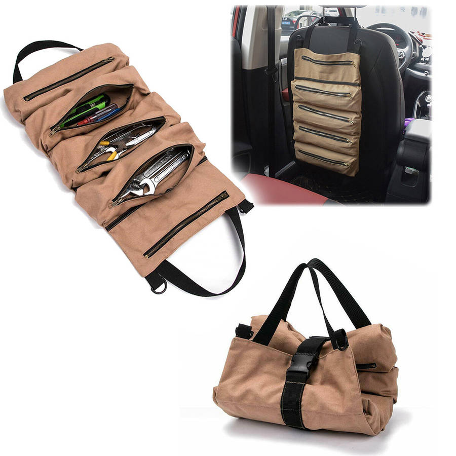 5 Pockets Tool Roll Bag Large Wrench Big Tool Roll Up Bag Canvas Tool Car Organizer - Khaki