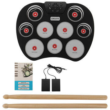 Portable Electronics Drum Set Roll Up Drum Kit 9 Silicone Pads USB Powered with Foot Pedals Drumstic