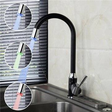 Black Plating Kitchen Sink Hot Cold Faucet Single Handle LED 3 Colors Changing Basin Mixer Tap