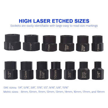 Drillpro 14Pcs Impact Damaged Bolt Nut Remover Extractor Socket Tool Set with Socket Nut Adapter Bol