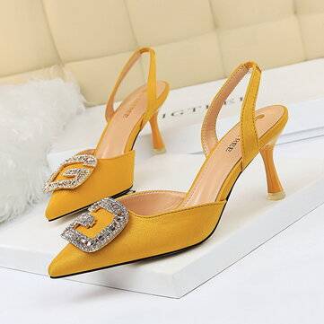 Women Rhinestone Pointed Toe Slingback Buckle Fashion High Heel Pumps (size: 6 | Shoe Color: Yellow)