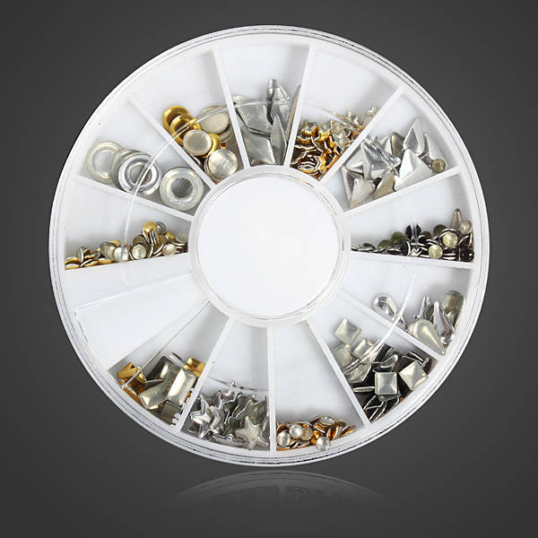 12 Mixed Styles 3D Gold Silver Metal Rivets Nail Decoration Wheel