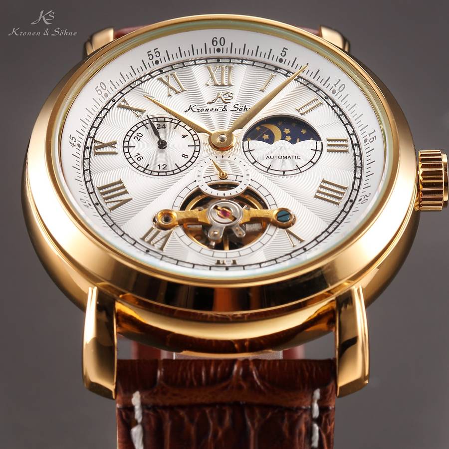 KRONEN & SOHNE Moonphase Skeleton Tourbillon Chrono Brown Leather Watch Brand new w/ BOX, PAPERS