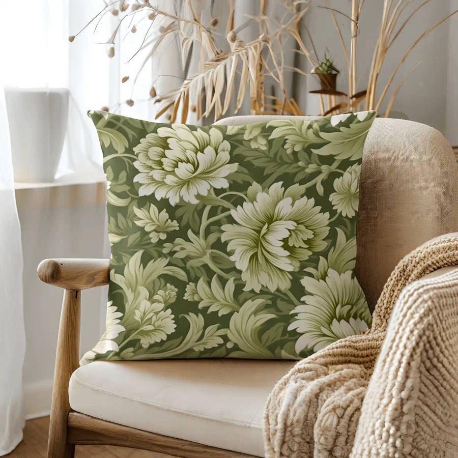 Green Floral Throw Pillow