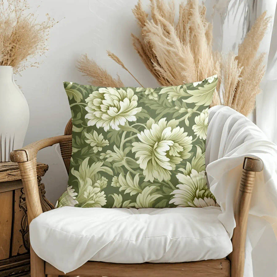 Green Floral Throw Pillow