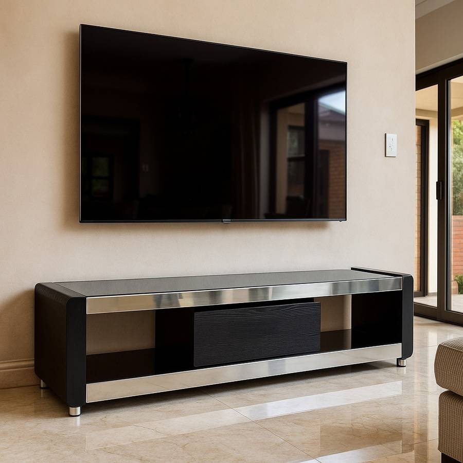 KC FURN - 180cm Black Glasstop TV Stand with 1 Drawer