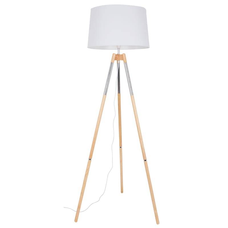 Wood and Polished Chrome Standing Lamp with White Fabric Shade | SL084