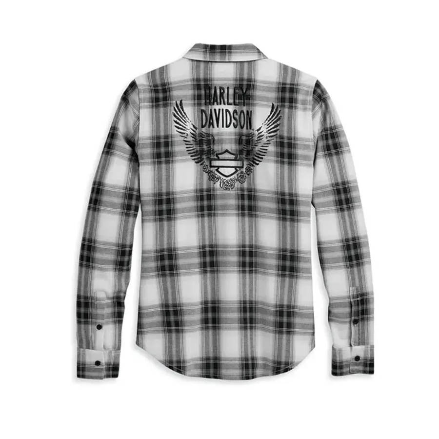 Women's Retro Winged Flannel Shirt - YD Plaid - Black Beauty - L L
