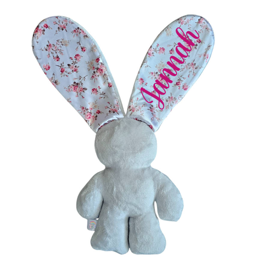 Personalized Grey and Rose Floral Satin Snuggle Bunny