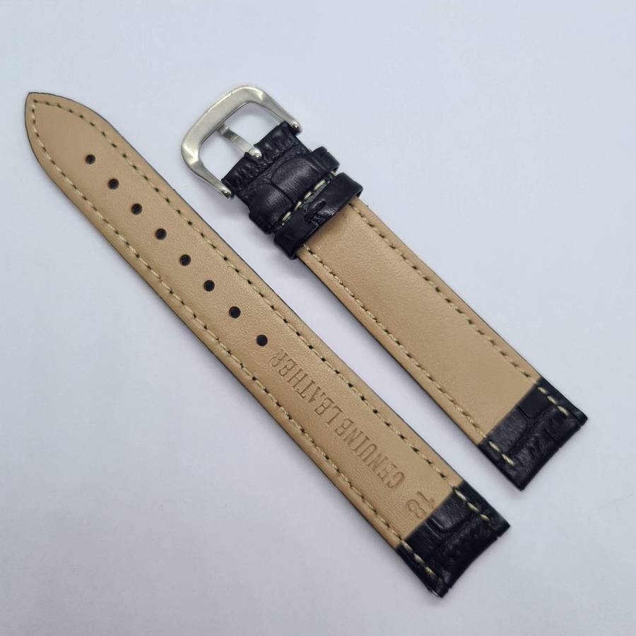 18mm Crocodile Pattern PU Leather Strap Black (Black Stitches)