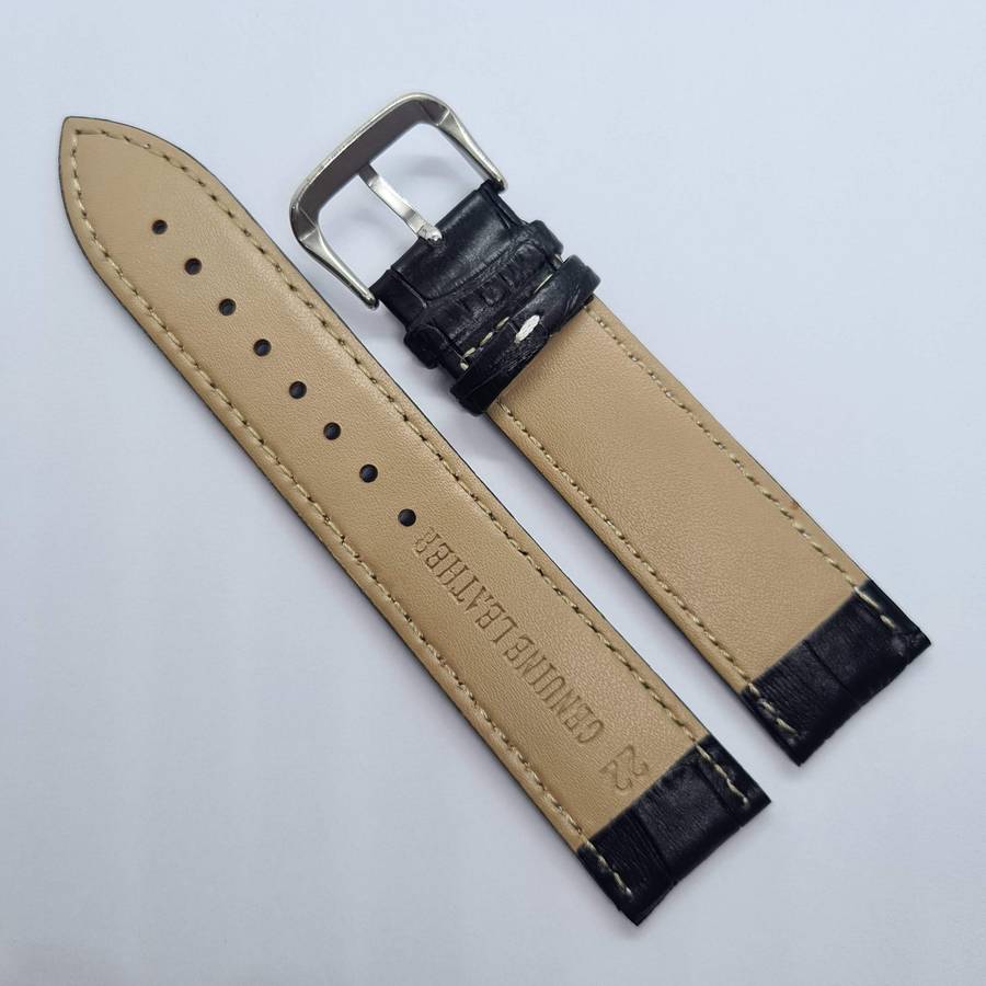 22mm Crocodile Pattern PU Leather Strap Black (White Stitches)