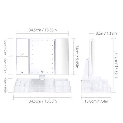 VICOODA Lighted Makeup Mirror with 21 LED Lights, Makeup Vanity Mirror with Acrylic Organizer, Trifold 3X 5X Magnification Sections, Touch Screen Dimming, Dual Power Supply, 180 Rotation