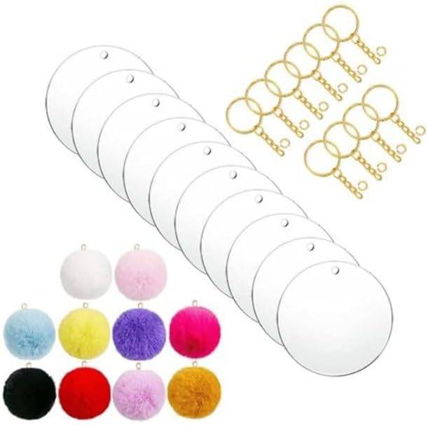 Clear Acrylic Blank Round Keyring Gold Pom Pom Kit - Multicolour  - set of 5