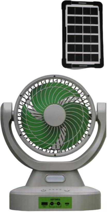 Solar Powered Rechargeable Fan with LED Light, Portable Table Fan with Solar Panel, White and Green