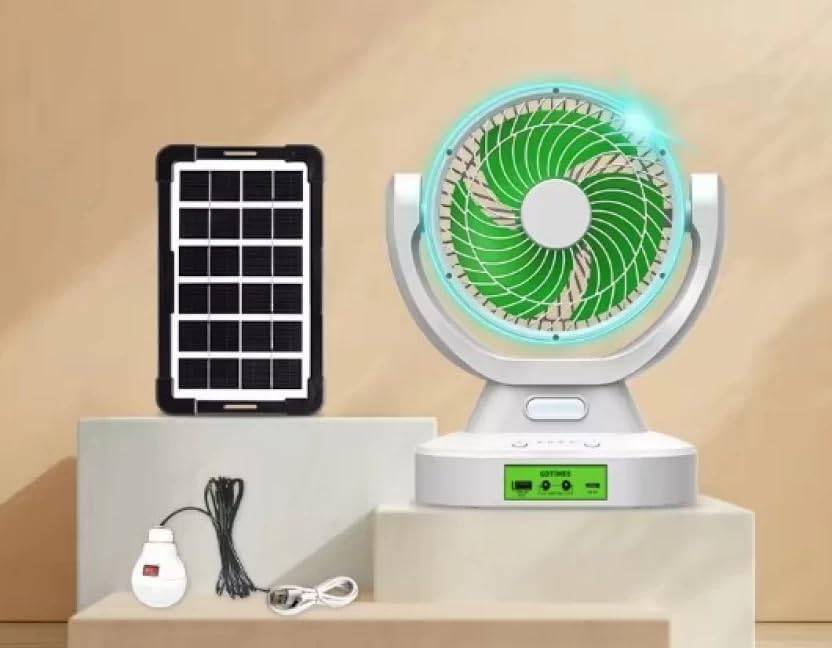 Solar Powered Rechargeable Fan with LED Light, Portable Table Fan with Solar Panel, White and Green