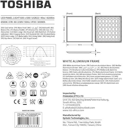 Toshiba LED Panel Light 595x595mm 40W Cool White 4000K